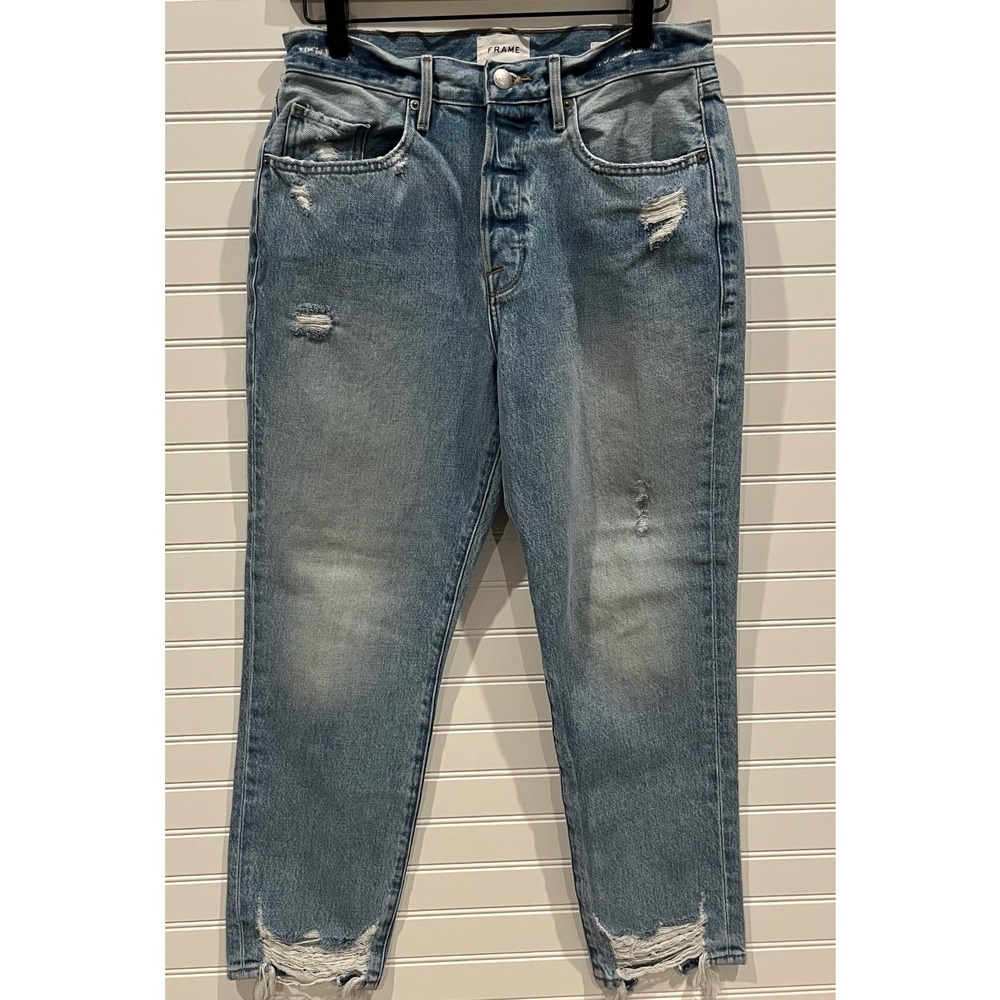 FRAME Le Original High Rise Distressed Straight Leg Jeans Light Wash‎ Blue 28